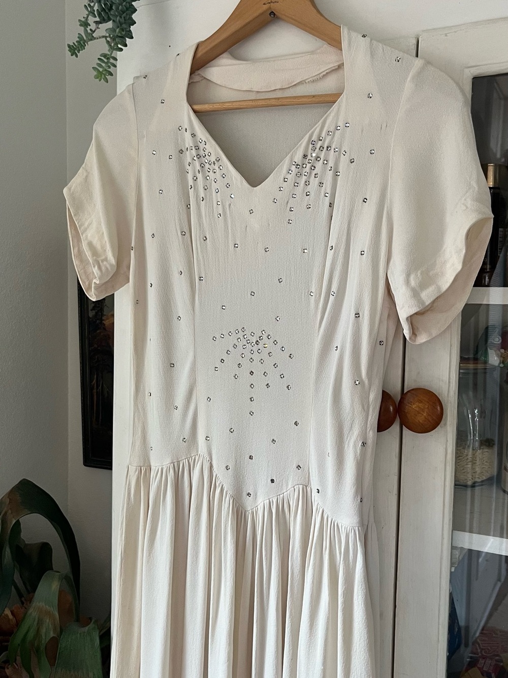 Vintage 40s Art Deco Rhinestone Bone White Maxi Slip Rayon Dress XS/S